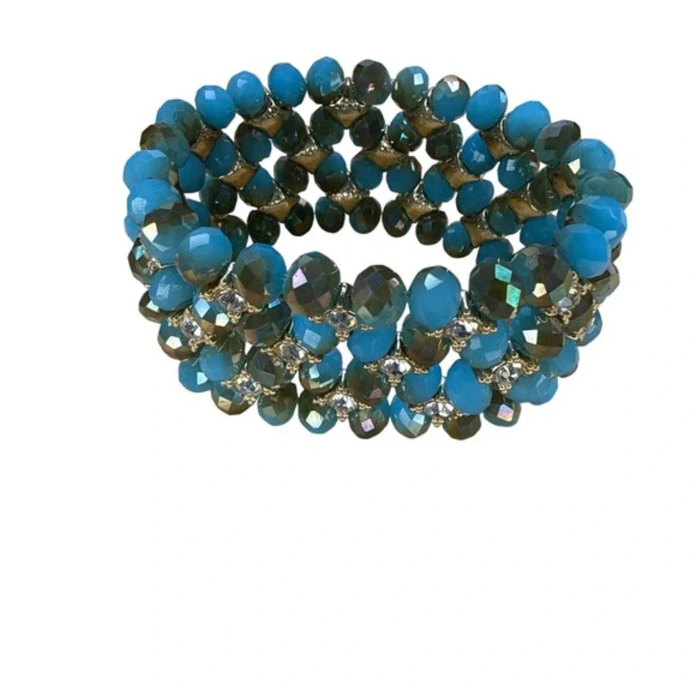 Beaded Stretch Bracelet Blue Bronze Rhinestone Statement Cuff‎